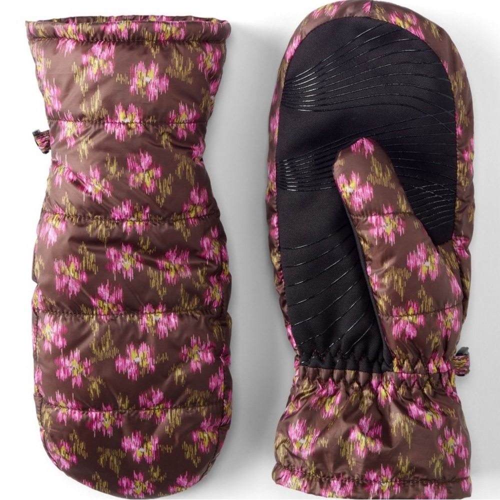 Lands' End Wanderweight Puffer Mittens - Brown Ikat Floral - Size L